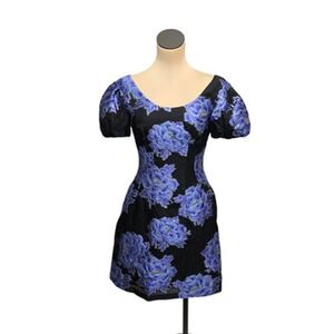 Mark & James Badgley Mischka Dress Womens 2 Black Blue Jacquard Mini Puff Sleeve